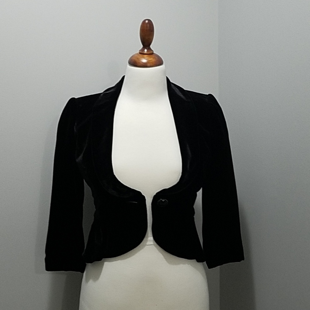 LOFT black velvet cropped ruffle jacket